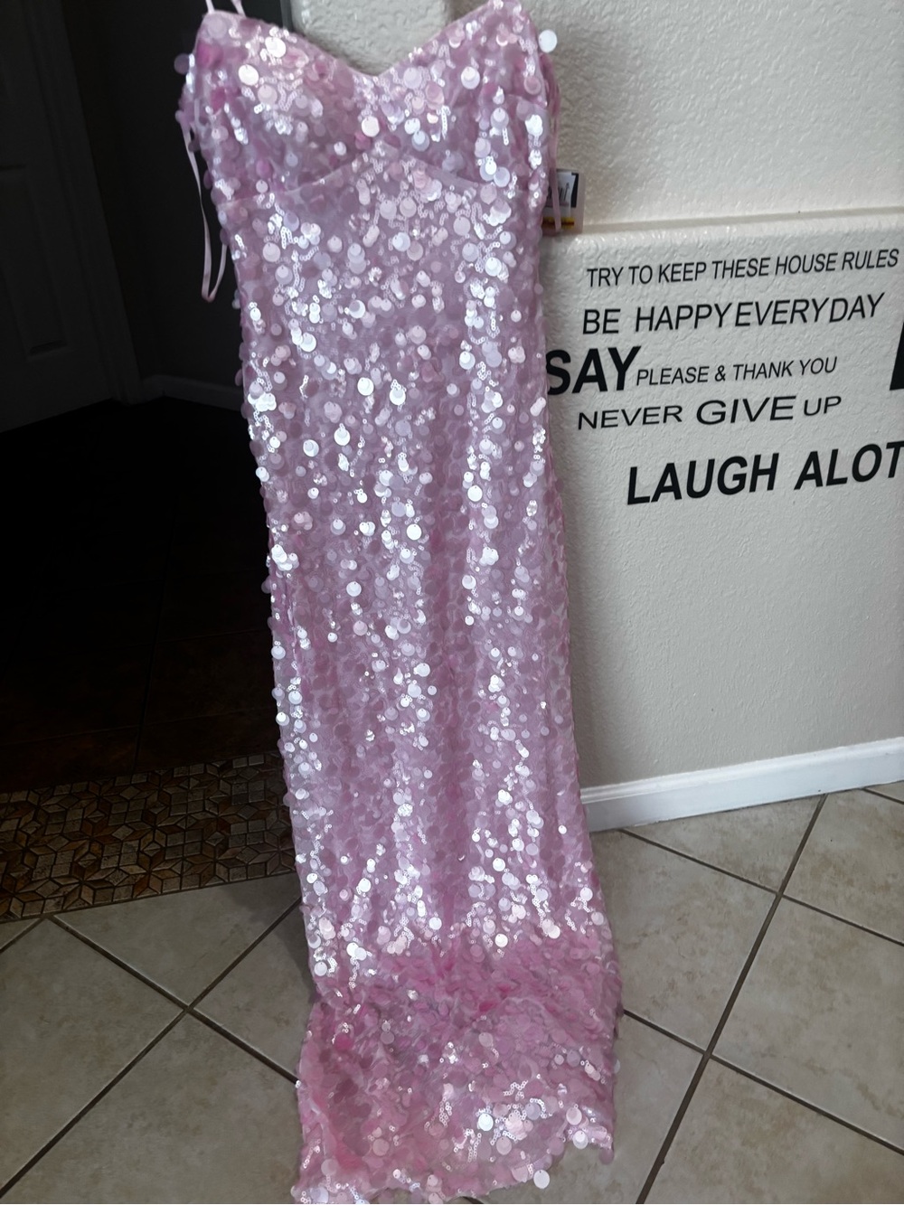 Strapless Pink Sequin Evening Dress - Picture 2 of 6